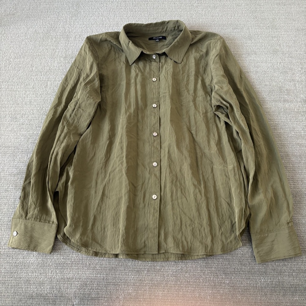 Madewell Crinkled Button Shirt Women L Olive Green Classic Capsule Business